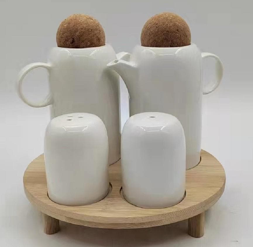 Ceramic Oil and Vinegar Jug Set with Salt and Pepper Shakers on Round Bamboo Stand