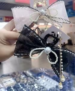 Lace Trim Organza Bow Claw Clip with Pearl Chain, Pink and Black