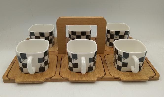 Chequerboard Ceramic Mug Set with Bamboo Coasters and Tray