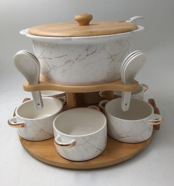 Marble-Effect Ceramic Soup Tureen Set with Bowls and Spoons on Rotating Bamboo Base