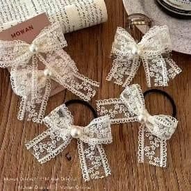 Lace Bow Hair Ties with Pearl, Cream