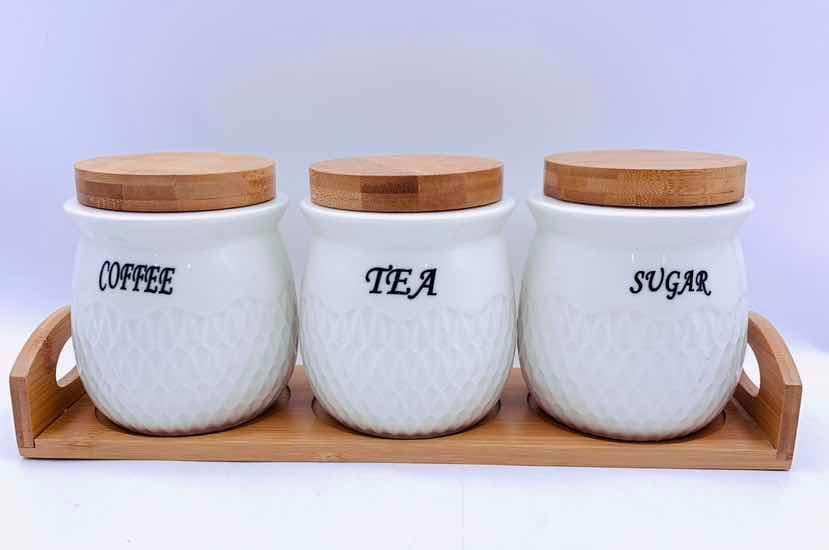 3-Piece Quilted Ceramic Canister Set with Bamboo Lids on Bamboo Tray