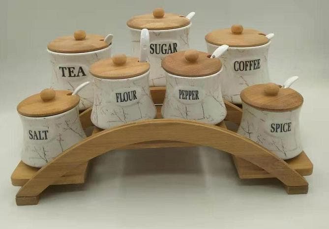 7-Piece Labelled Marble-Effect Ceramic Condiment Jar Set with Spoons on Arched Bamboo Stand
