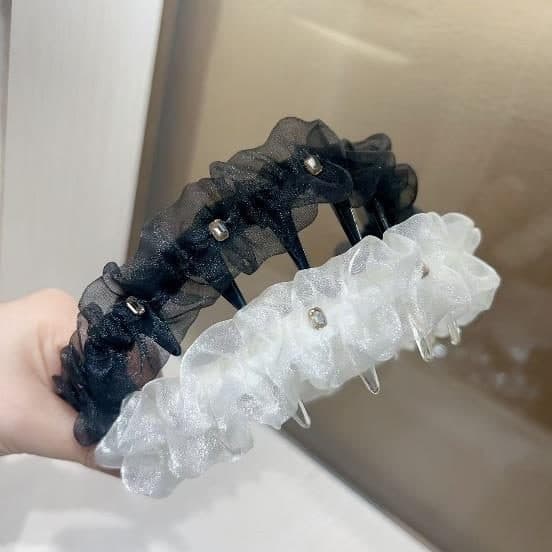 Organza Ruffle Headband with Crystals, Black and White