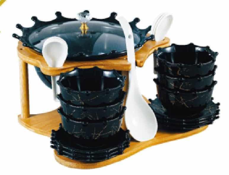 6-Piece Black Marble-Effect Ceramic Bowl Set with Saucers and Spoons on Bamboo Stand