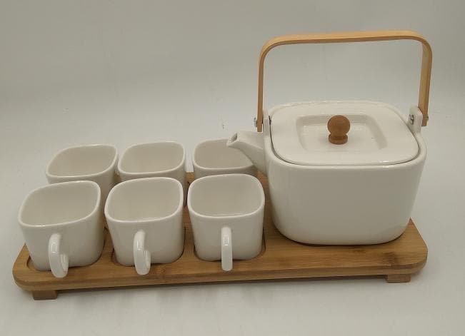 Square Ceramic Teapot and Four Cup Set on Bamboo Tray
