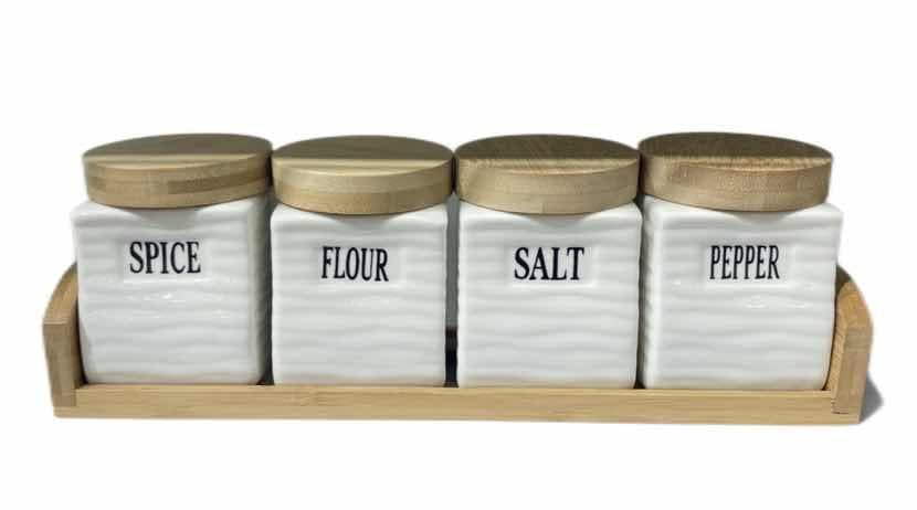 4-Piece Square Wave-Textured Ceramic Spice Jar Set with Wooden Lids