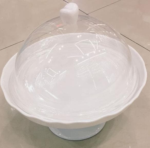 Footed Ceramic Cake Stand with Clear Dome Cover, White