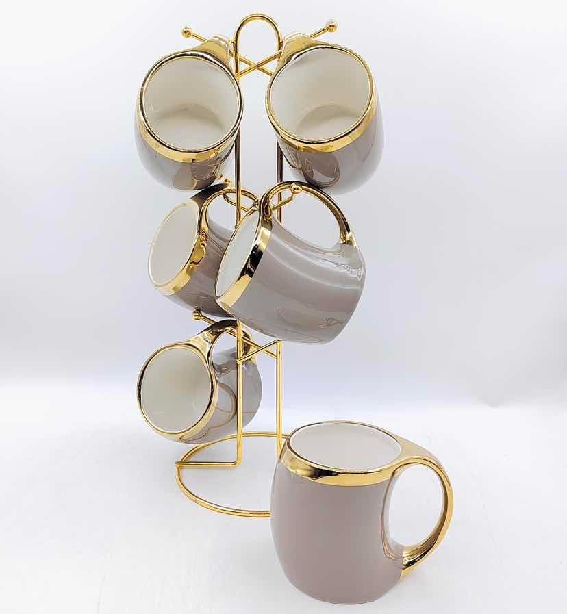 6-Piece Gold-Rimmed Straight Ceramic Mug Set on Gold Metal Mug Tree, Grey