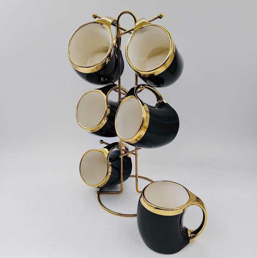 6-Piece Gold-Rimmed Straight Ceramic Mug Set on Gold Metal Mug Tree, Black