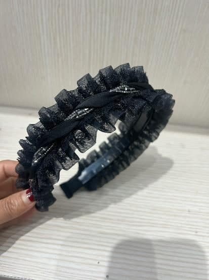 Organza Ruffle Headband with Rhinestone Braid, Black