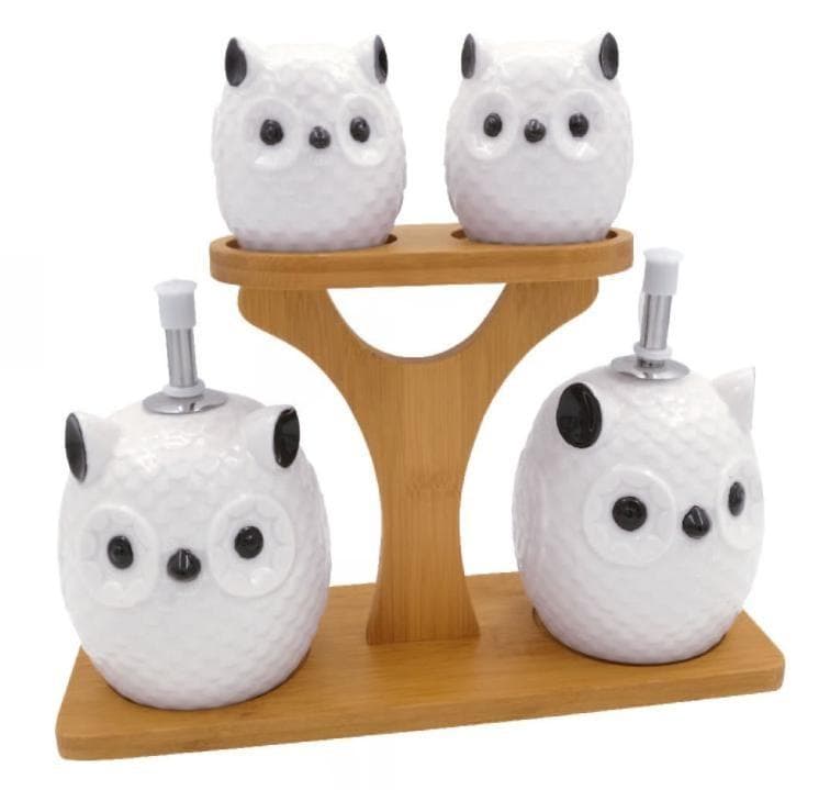 4-Piece Owl-Shaped Ceramic Jar and Oil Bottle Set on Two-Tier Bamboo Stand