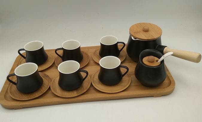 Matte Black Ceramic Turkish Coffee Set with Cups, Saucers and Pot on Bamboo Tray