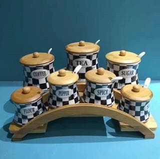 7-Piece Labelled Chequerboard Ceramic Condiment Jar Set with Spoons on Arched Bamboo Stand
