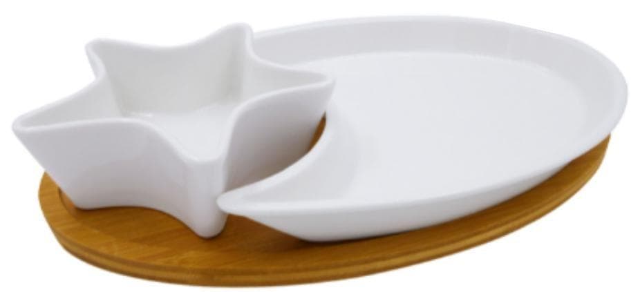 Star and Oval Ceramic Serving Dish Set on Bamboo Base