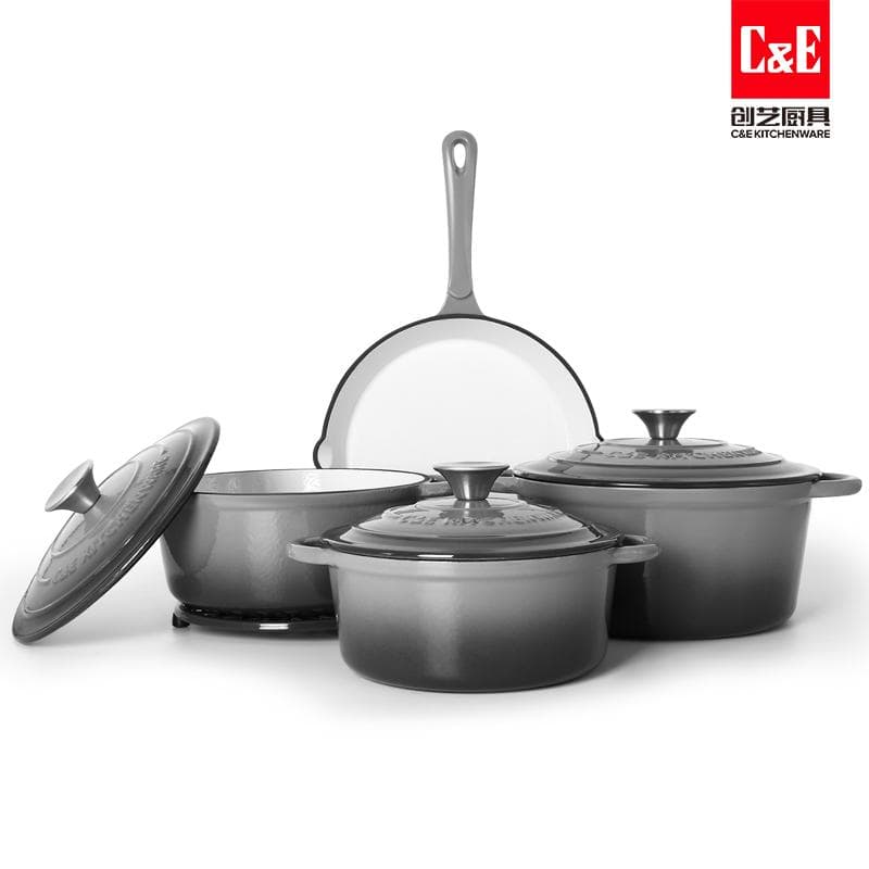 8pc Enamel Cast Iron Cookware Set, 20/22/24cm Casseroles and 25cm Frying Pan 2