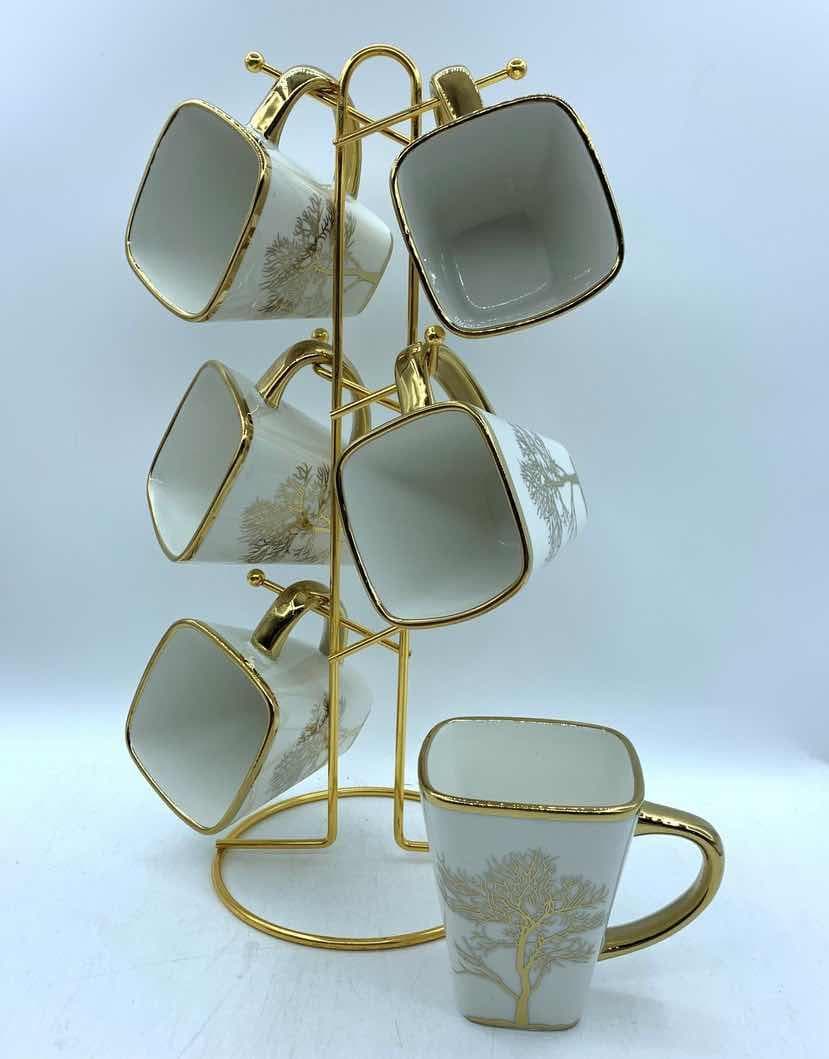 6-Piece Gold-Rimmed Patterned Ceramic Mug Set on Gold Metal Mug Tree