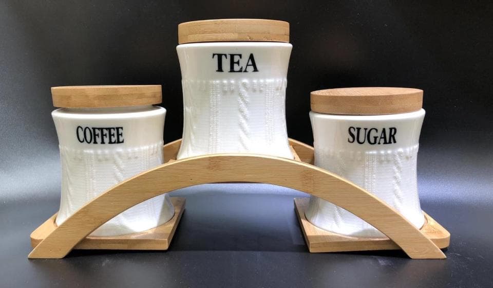 3-Piece Ribbed Ceramic Canister Set on Arched Bamboo Stand
