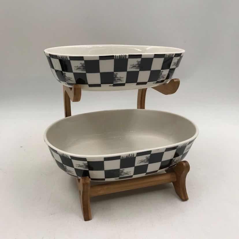 Tiered Chequerboard Ceramic Serving Bowl Stand, Oval