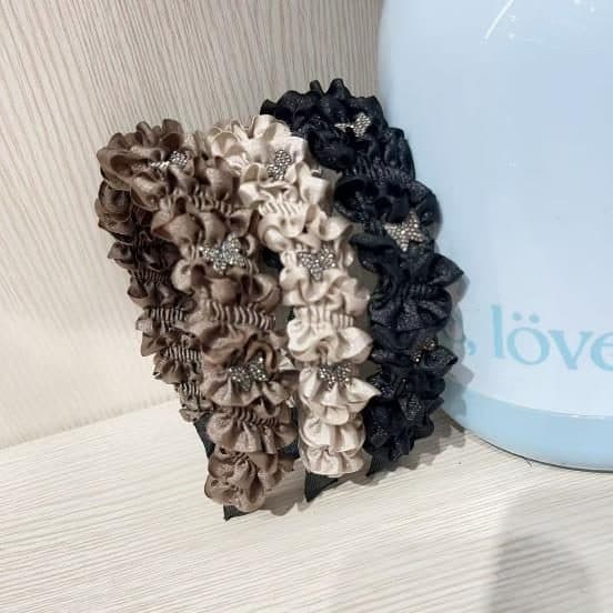 Ruffled Crystal Headband, Brown and Cream Pair