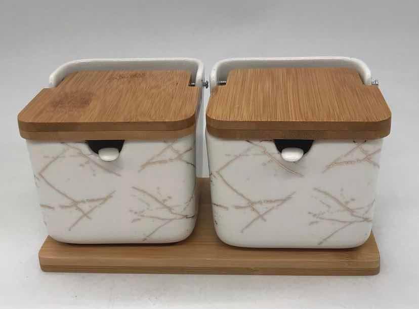 2-Piece Large Marble-Effect Ceramic Storage Jar Set with Bamboo Lids, White