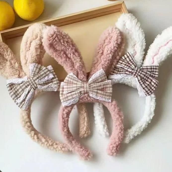 Bunny Ear Headband with Gingham Bows, Pink