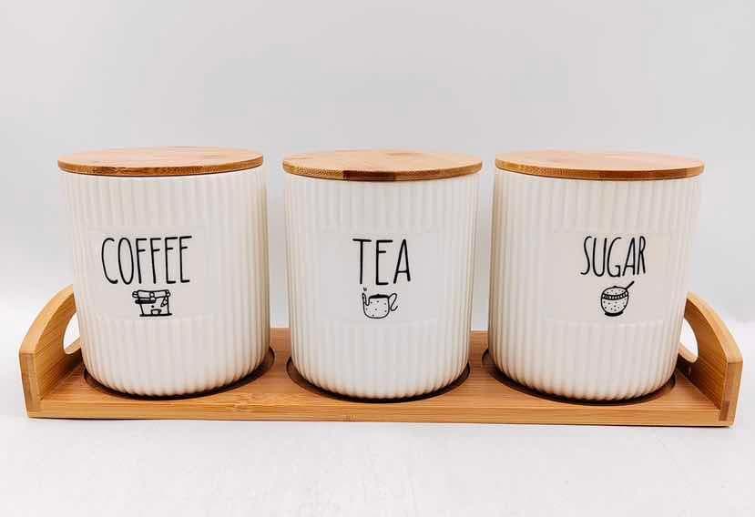 3-Piece Ribbed Ceramic Coffee, Tea and Sugar Canister Set on Bamboo Tray
