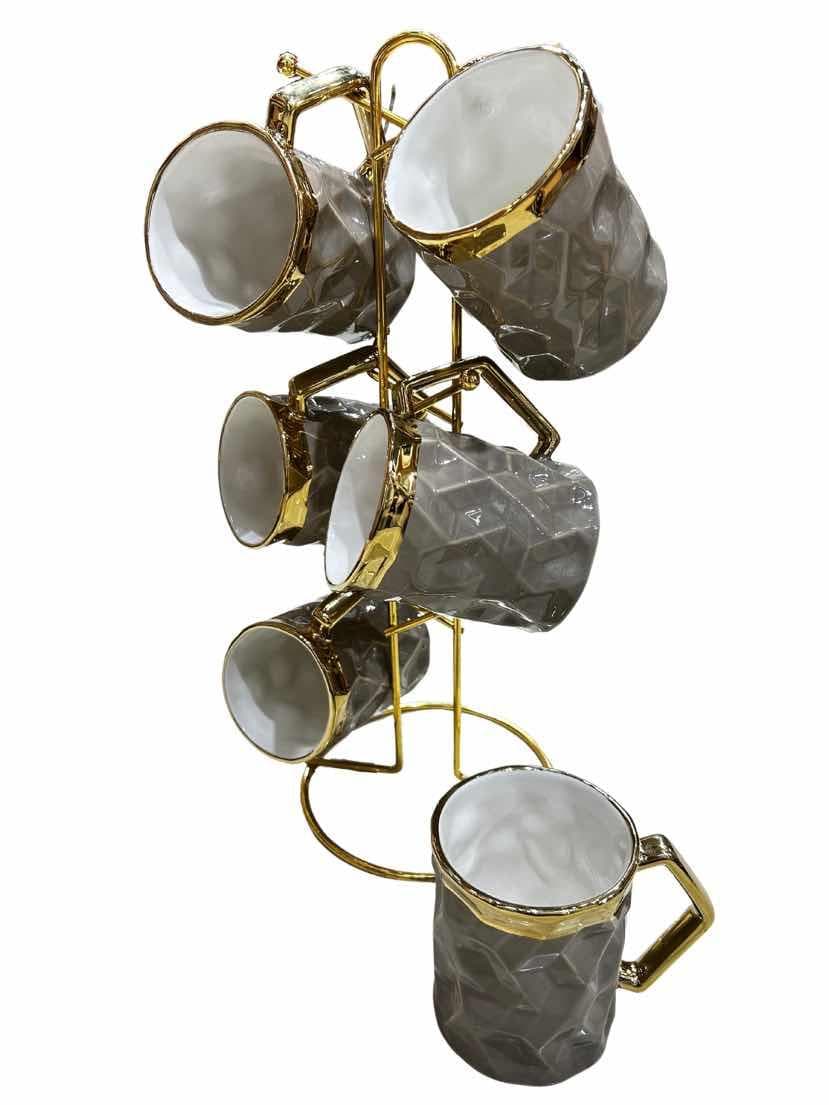 6-Piece Gold-Rimmed Faceted Ceramic Mug Set on Gold Metal Mug Tree, Grey