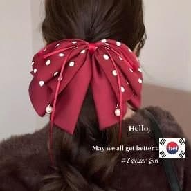 Wine Red Polka Dot Bow Claw Clip with Ribbon Tails