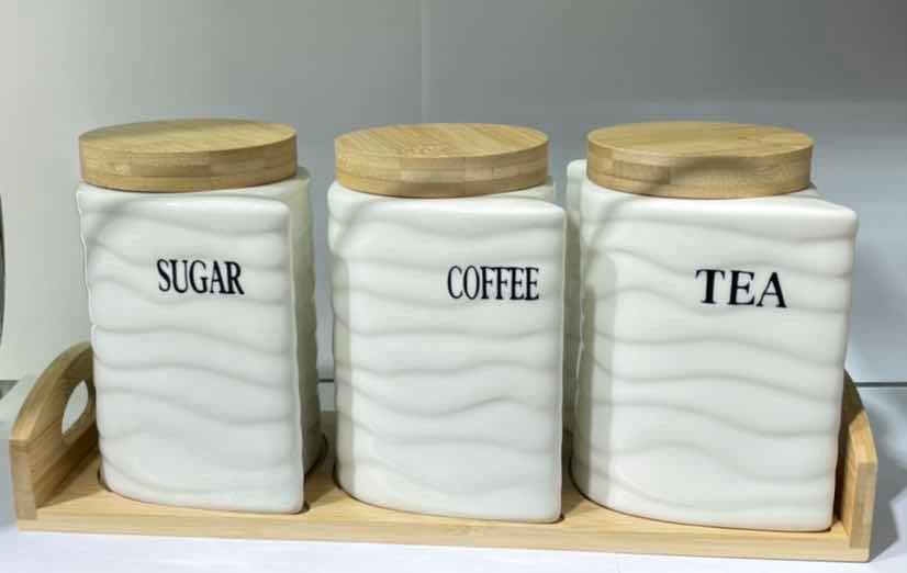 3-Piece Wave-Relief Square Ceramic Canister Set with Bamboo Lids on Bamboo Tray