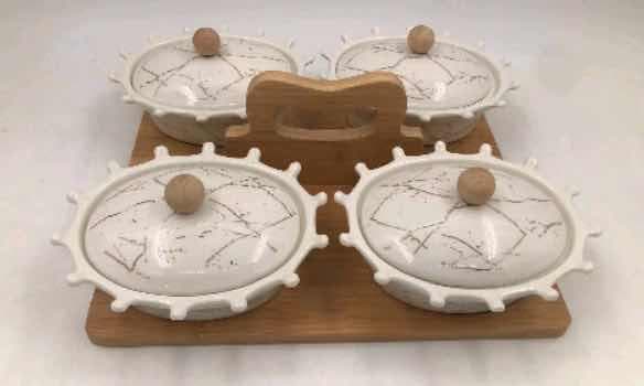 4-Piece Marble-Effect Lidded Oval Ceramic Dish Set on Bamboo Tray with Handle