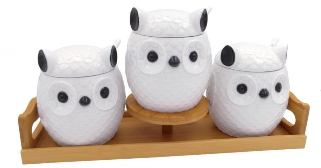 3-Piece Owl-Shaped Ceramic Storage Jar Set on Bamboo Tray