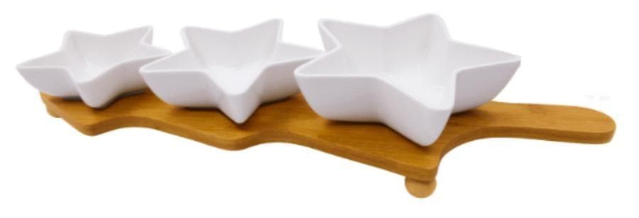 3-Piece Star-Shaped Ceramic Dip Bowl Set on Bamboo Paddle Board