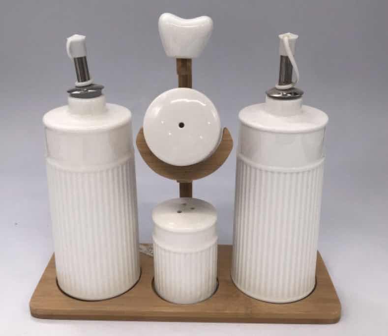 Fluted Ceramic Oil and Vinegar Set with Shakers on Bamboo Stand