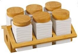 6-Piece Ribbed Ceramic Spice Jar Set with Bamboo Lids on Two-Tier Rack