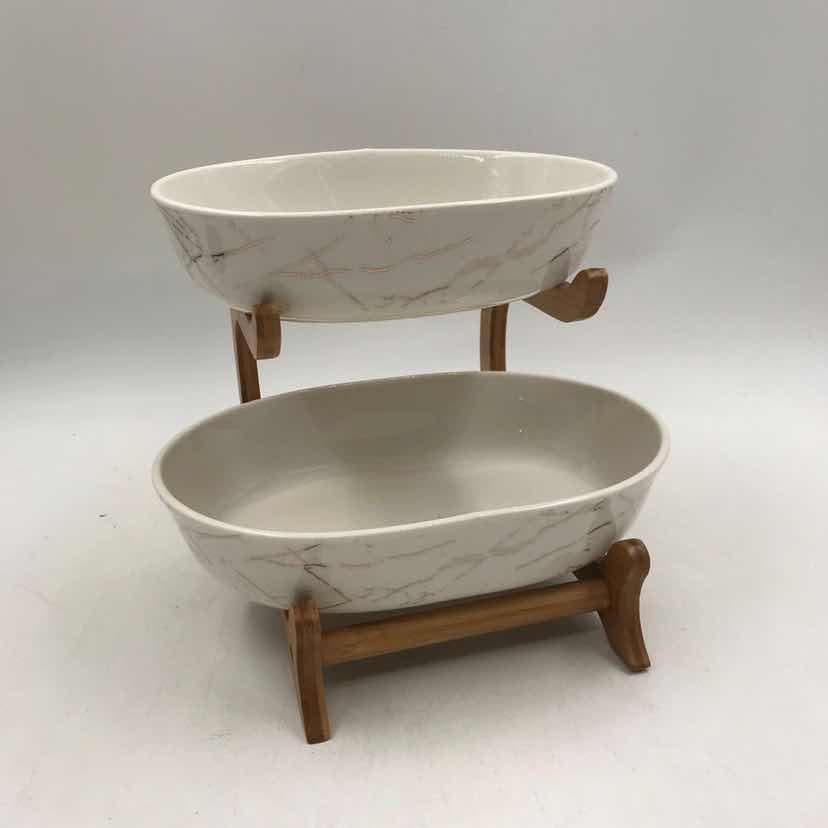 Tiered Marble-Effect Ceramic Serving Bowl Stand, Oval