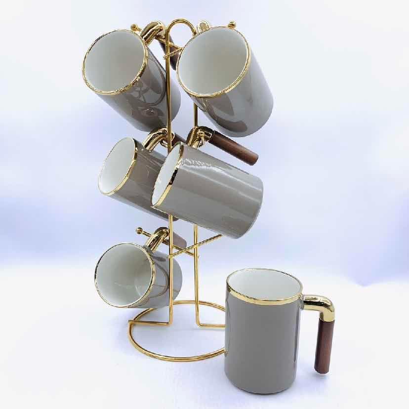 6-Piece Gold-Rimmed Ceramic Mug Set with Wooden Handles on Gold Metal Mug Tree, Grey