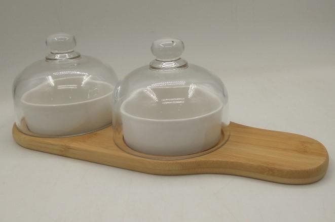 2-Piece Ceramic Dish Set with Glass Domes on Bamboo Paddle Board, Large
