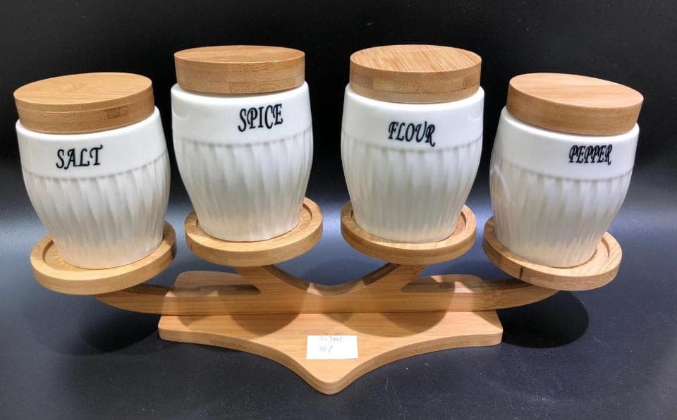 4-Piece Ribbed Labelled Ceramic Spice Jar Set on Curved Bamboo Stand