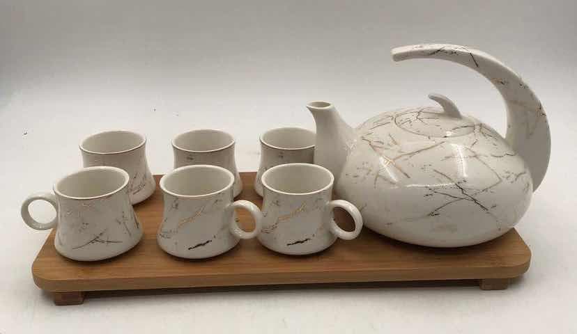 Marble-Effect Ceramic Teapot and Six Cup Set on Rectangular Bamboo Tray