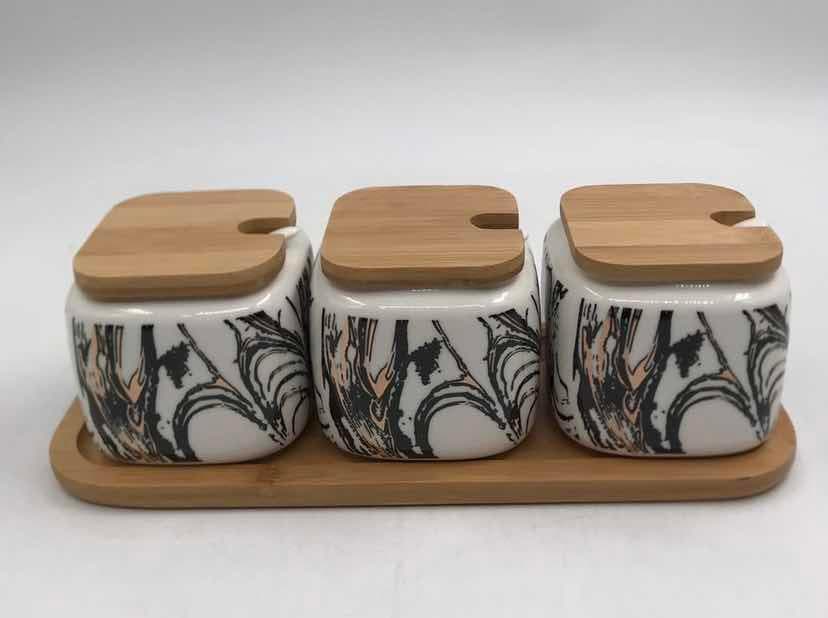 3-Piece Ink-Swirl Ceramic Canister Set with Bamboo Lids on Bamboo Tray