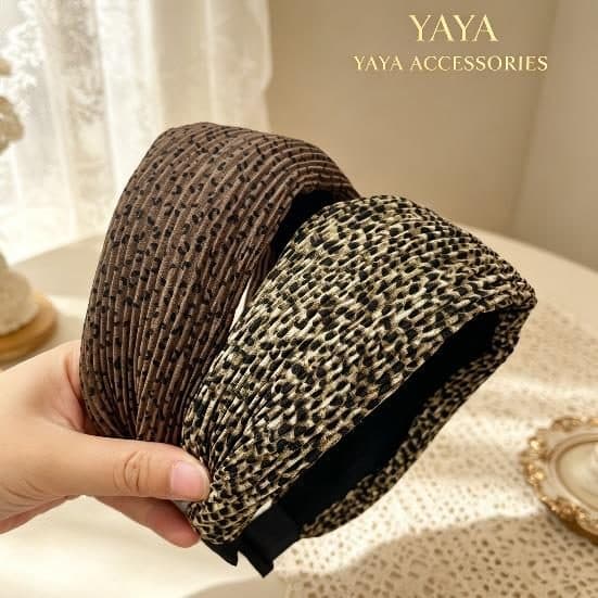 Wide Pleated Headband, Brown and Leopard