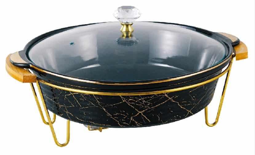 Black Marble-Effect Ceramic Chafing Dish with Glass Lid and Gold Stand, Large