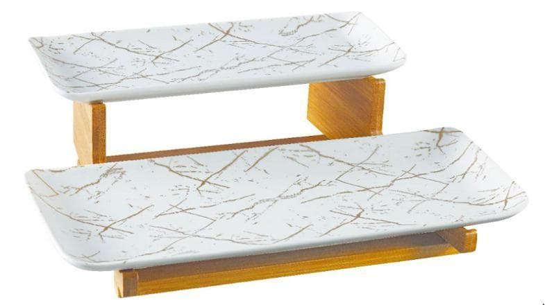 Two-Tier Marble-Effect Ceramic Serving Platter on Bamboo Stand