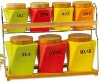 7-Piece Tapered Coloured Ceramic Canister and Spice Set on Two-Tier Bamboo Rack