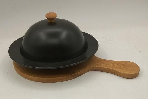 Matte Black Ceramic Dome Dish on Bamboo Paddle Board, Small