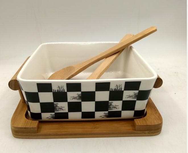 Chequerboard Rectangular Ceramic Baking Dish with Bamboo Servers and Base