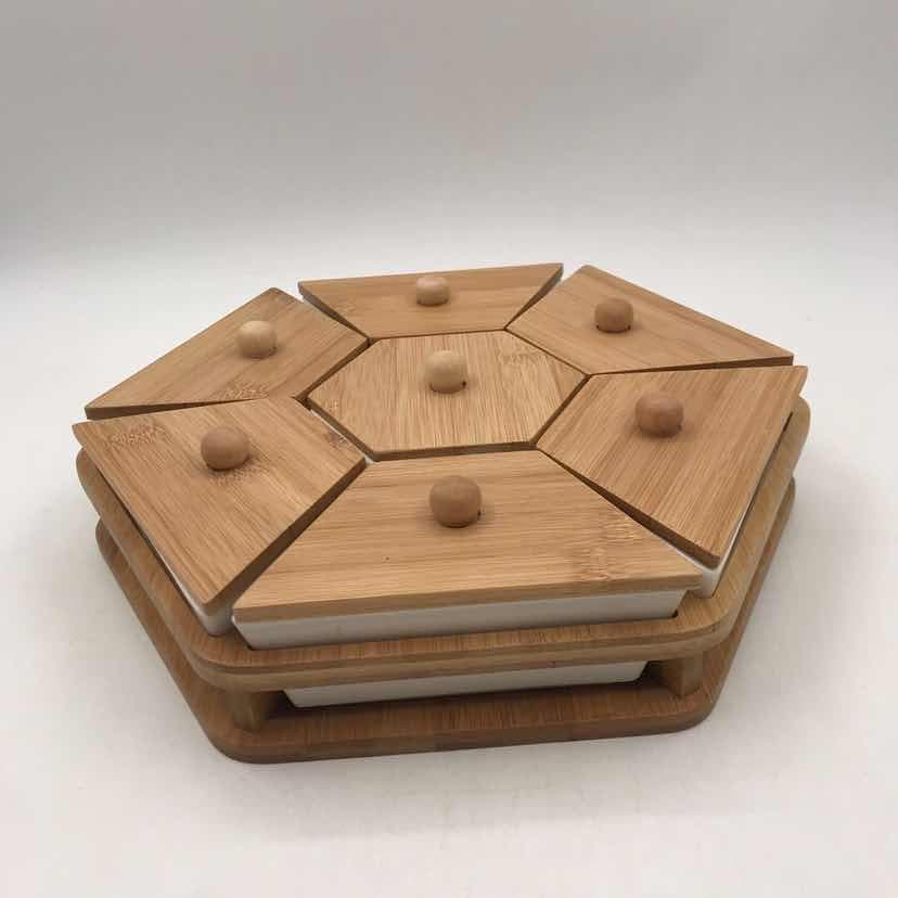 6-Section Hexagonal Ceramic Serving Set with Bamboo Lids on Stand
