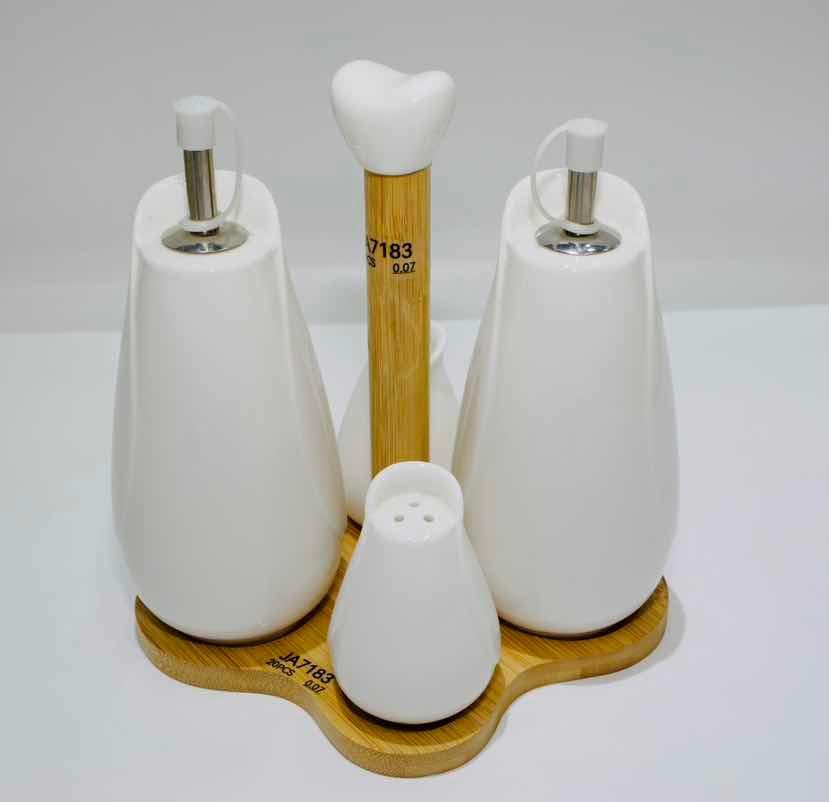 Conical Ceramic Oil and Vinegar Set with Shaker on Bamboo Stand with Handle