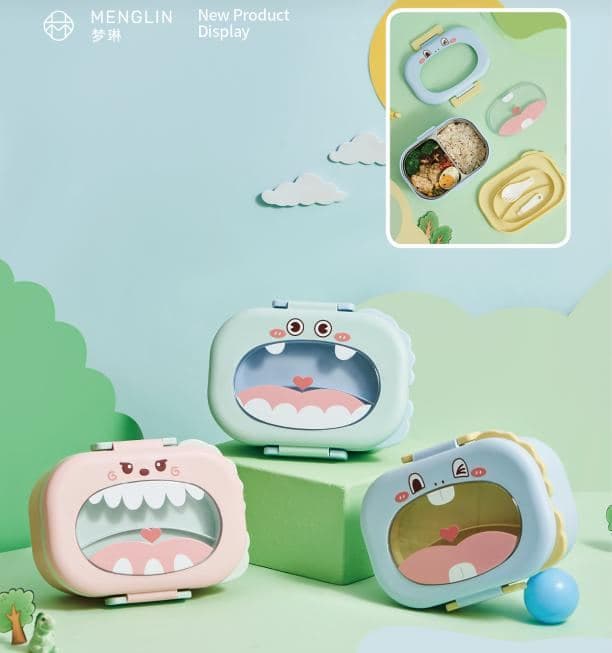 Big-Eyes 304 Stainless Steel 2-Compartment Lunch Box, 850 ml, 24 x 18 x 7.5 cm, with Spoon and Fork